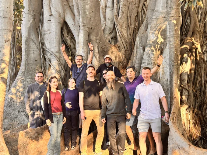 Close up of a big ass tree with a group of people