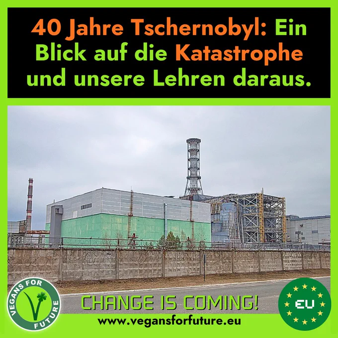 Text:
"40 Jahre Tschernobyl: Ein Blick auf die Katastrophe und unsere Lehren daraus."

Auf dem Bild sieht man das AKW.