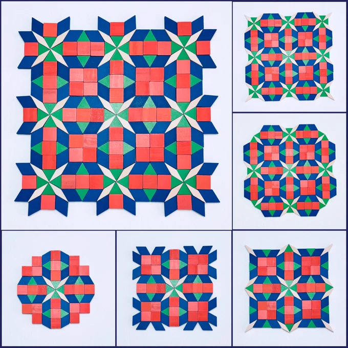 The top left main image shows a square-like geometric design created with pattern blocks.  Four green triangles and four tan rhombuses are surrounded by four orange squares and eight blue rhombuses, creating a flower-like arrangement.  These flowers are arranged in a three by three array. The gaps are filled with orange squares and green triangles. The images along the bottom and on the right show the progression of the design.