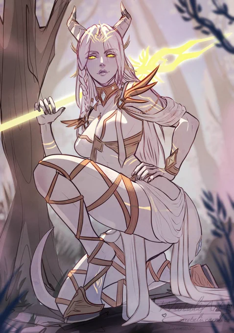A digital illustration of a Lightforged female Draenei from World of Warcraft kneeling gracefully in a soft, hazy forest. She has pale skin, long white hair with a small braid, curved horns, and glowing golden eyes. She wears an elegant, revealing white and gold outfit featuring draped fabrics, armor accents, and intricate crisscrossing straps over her legs and torso. Her left hand rests on her hip, while her right hand supports a brightly glowing yellow staff draped casually across her shoulders


