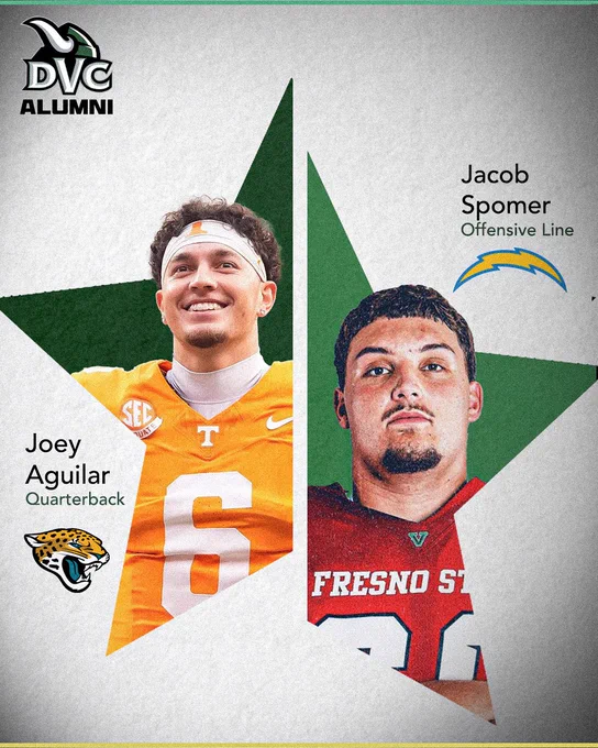 Graphic celebrating DVC football alumni Joey Aguilar (quarterback, Jaguars) and Jacob Spomer (offensive line, Chargers), shown side-by-side in college uniforms with team logos.