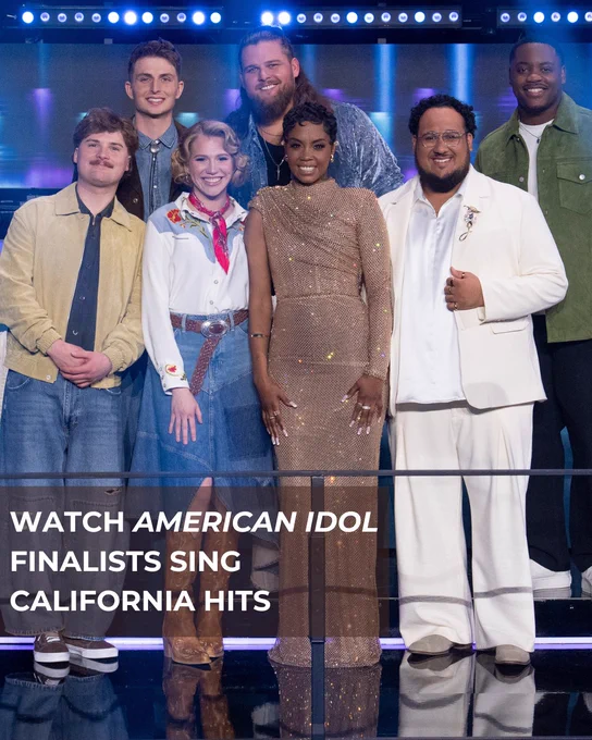 The hopefuls of the newest season of American Idol standing on a stage with text overlay that says "Watch American Idol finalists sing California hits."