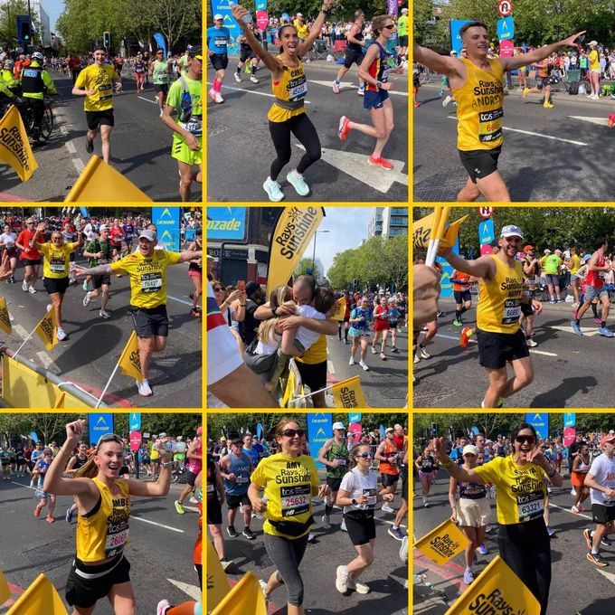 Collage of marathon runners in yellow "Rays of Sunshine" charity shirts cheering, hugging and running past supporters.