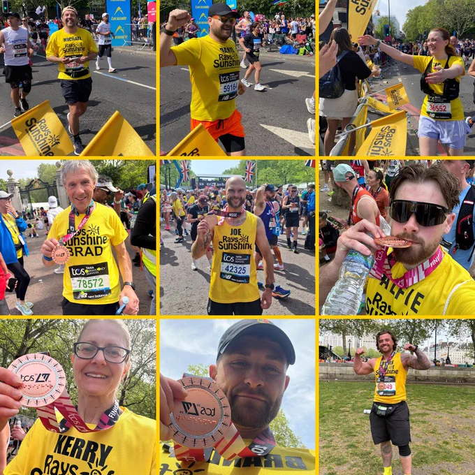 Collage of runners in yellow Rays of Sunshine shirts celebrating finishing a marathon, showing medals and cheering.