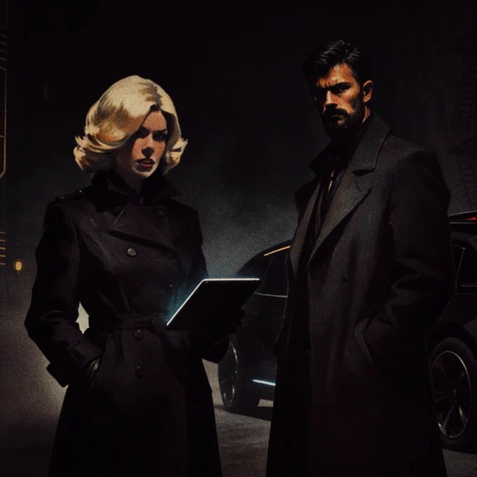 Two modern noir detectives, in a classic movie poster painting style mixed with heavy film grain and chiaroscuro. Keyframe art made with Seedream 4.5, with editing in Snapseed.