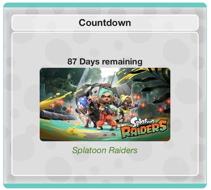 A box on the main page of Inkipedia titled 'Countdown'. It includes the banner art from Splatoon Raiders captioned with '87 Days remaining'.