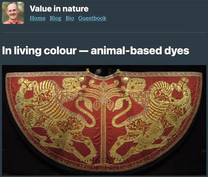 Screen shot from 'Value in Nature' blog. Title of post: 'In living colour — animal-based dyes'. Below the title is a semicircular red (dyed with Kermes vermilio dye) and golden shawl featuring two lion-like, fantastical figures.