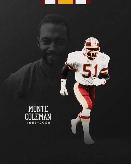 Graphic featuring photos of Monte Coleman. The graphic features his name and the years of his life, 1957-2026.