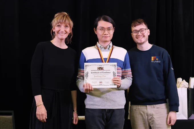 Photo (L–R): Dr. Janet Morrison, President and Vice-Chancellor of Memorial University; Junzhang Chen; Blake Colbran, Executive Director of Student Life at MUNSU