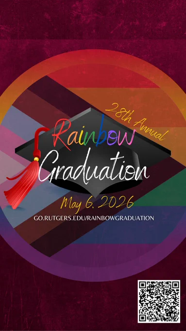 Colorful text announcing the 28th Annual Rainbow Graduation on a black cap with a red tassel against a rainbow pride flag background.