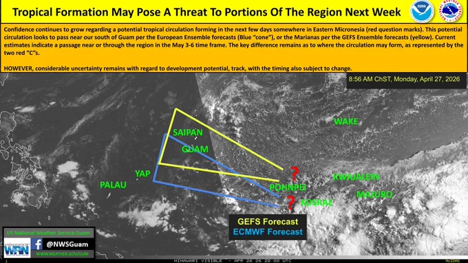 Confidence continues to grow regarding a tropical circulation that looks to form somewhere in Eastern Micronesia over the next few days, possibly affecting portions of the region next week.