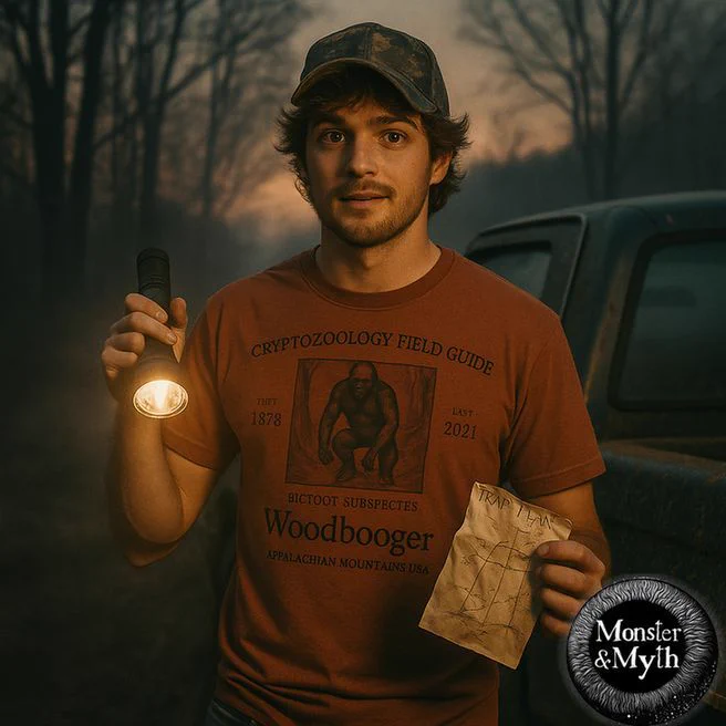 A young man wearing a rust-colored Woodbooger “Cryptozoology Field Guide” T-shirt stands in front of a pickup truck at dusk. He holds a flashlight in one hand and a paper labeled “Trap Plan” in the other. The shirt features a vintage illustration of the Woodbooger with field guide details.