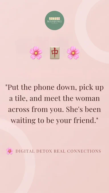 A soft, minimalistic promotional visual for Mahjong Lounge featuring a calming pink-toned background with subtle circular patterns and delicate floral elements. At the center, a quote encourages people to put their phones down, pick up a Mahjong tile, and connect with others in real life. A Mahjong tile icon is placed between floral illustrations, reinforcing the theme of gameplay and connection. The typography is elegant and spacious, creating a calm and reflective mood. At the bottom, the phrase “Digital Detox Real Connections” highlights the core message of the visual. The overall composition conveys a sense of warmth, community, and intentional social interaction, positioning Mahjong Lounge in Bangalore as a space for meaningful offline experiences through Mahjong.