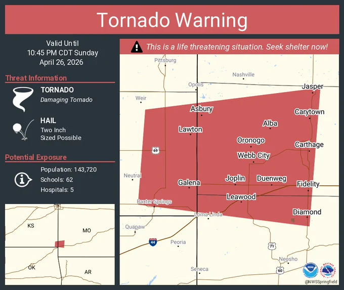 This graphic displays a tornado warning plotted on a map. The warning is in effect until 10:45 PM CDT. The warning includes Joplin MO, Carthage MO and Webb City MO.  This warning is for Eastern Cherokee County in southeastern Kansas, Northwestern Newton County in southwestern Missouri and Western Jasper County in southwestern Missouri. The threats associated with this warning are a observed tornado and two inch sized hail. There are 143,720 people in the warning along with 62 schools and 5 hospitals.