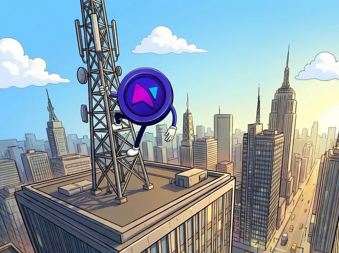 Illustration of a decentralized telecommunications network integrated into a modern city, representing DePIN (Decentralized Physical Infrastructure Networks) in real-world operation. A stylized Minutes Network Token X (MNTx) mascot climbs a telecom tower on a rooftop, symbolizing active infrastructure deployment and network scaling. Surrounding skyscrapers and urban density highlight constant demand for connectivity, data traffic, and telecom services. The image reflects blockchain-powered telecom infrastructure, where decentralized nodes support real usage, uptime, and continuous service delivery. It represents the shift from simulated activity to demand-driven, revenue-generating networks powered by real-world communication. Keywords: DePIN telecom, blockchain infrastructure, Web3 telecom, decentralized network, Minutes Network, MNTx, real-world usage, telecom scaling, distributed nodes, urban connectivity, infrastructure at scale.