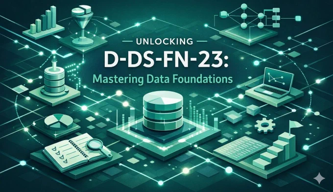 Futuristic teal-themed illustration titled “Unlocking D-DS-FN-23: Mastering Data Foundations,” featuring interconnected data icons like databases, charts, AI models, laptop analytics, and workflow elements surrounding a central data hub.