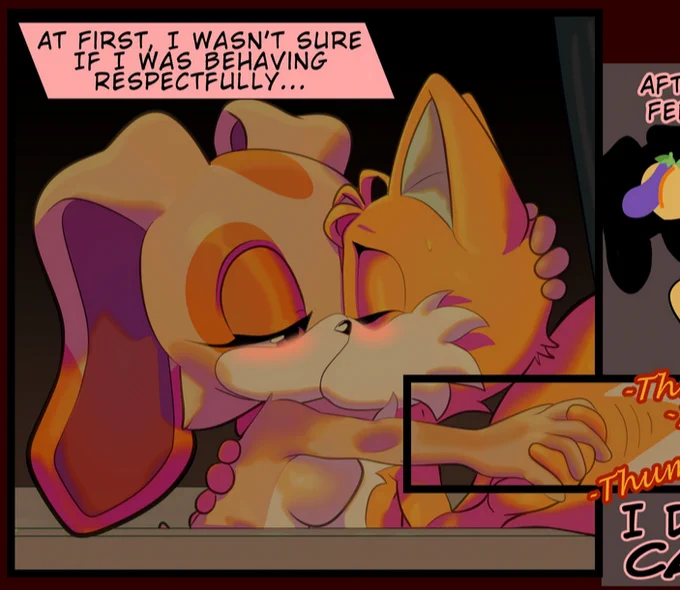 Tails Miles Prower and Cream the Rabbit romantically kissing in a bathtub.