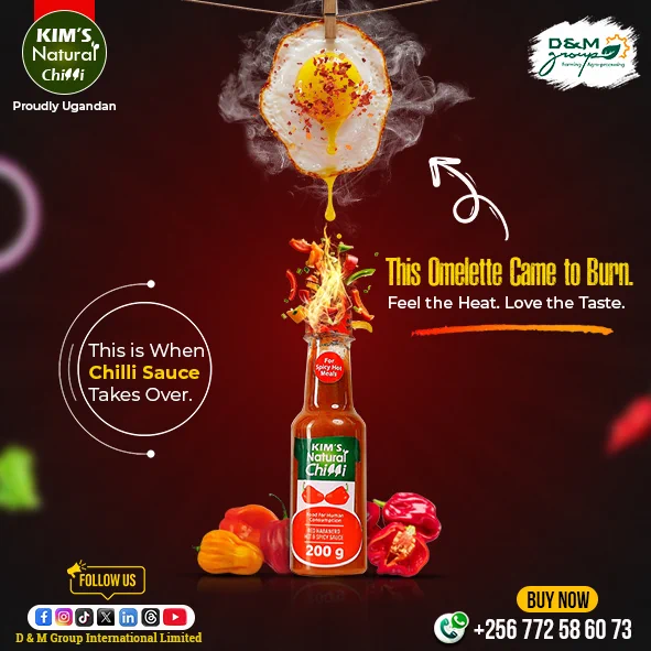 KIM's Natural chilli sauce is made from red fresh habanero peppers and its is an extremely hot sauce. for those who want extreme heat this is the sauce for you and it is suitable for all meals either eaten directly or used as ingredient in cooking.
Product of D & M Group International Limited the producers of kim's natural tomato ketchup and kim's natural chilli oil .Proudly ugandan.