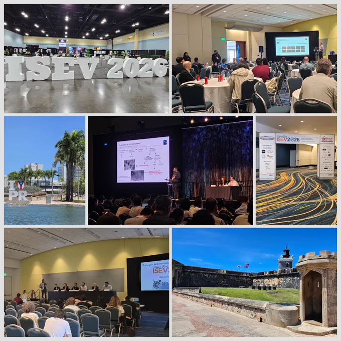 A photo collage showcasing Particle Metrix at ISEV 2026 in San Juan: Featuring the team at Booth 16, live demonstrations of the ZetaView Evolution instrument, and scenic impressions from the conference location in Puerto Rico.