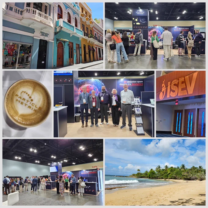 A photo collage showcasing Particle Metrix at ISEV 2026 in San Juan: Featuring the team at Booth 16, live demonstrations of the ZetaView Evolution instrument, and scenic impressions from the conference location in Puerto Rico.