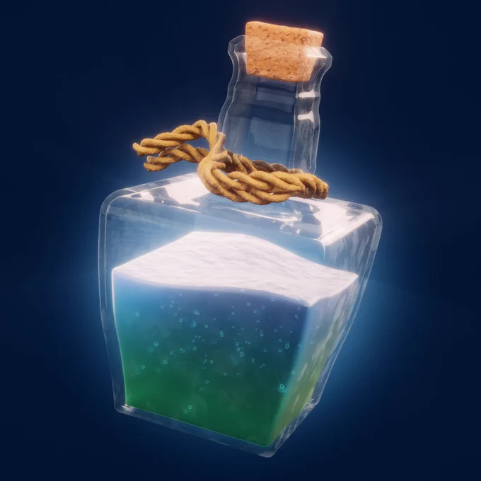 CGソフトBlenderで作った、魔法のポーションのような液体が入ったカクカクした瓶。ポーションの色は青と深緑のグラデーションで、瓶にはコルクで栓がしてある。