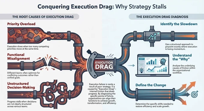 Execution does not usually fail because strategy is wrong. It slows down because:
→ too many priorities move at the same time
→ different functions optimise for different outcomes
→ decisions are not structured across teams

At 366Pi, we work on this problem through a structured way to: 
➚ identify where execution is slowing
➚ understand why it is happening
➚ and define what needs to change

We call it Execution Drag Diagnosis.

For organisations trying to scale growth, transformation and efficiency together, this is becoming increasingly relevant. Let's discuss if this is a problem for you as well.