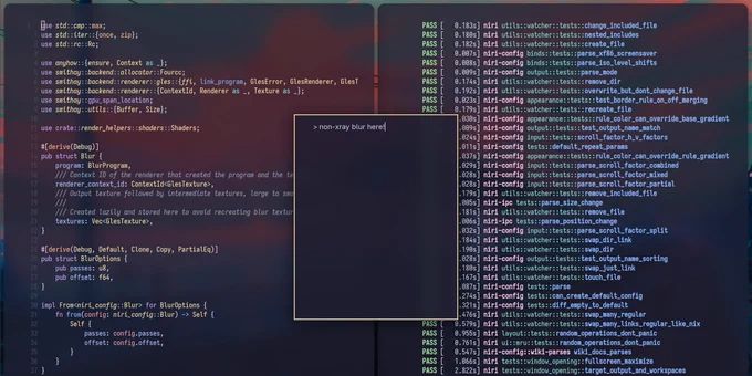 A code editor displays programming code related to blur effects in a compositor, alongside test outputs and logs. A text box prompts for non-xray blur.