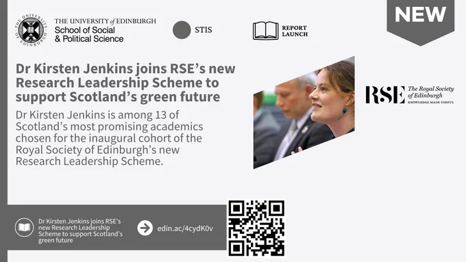 text reads:
Dr Kirsten Jenkins joins RSE’s new Research Leadership Scheme to support Scotland’s green future
Dr Kirsten Jenkins is among 13 of Scotland’s most promising academics chosen for the inaugural cohort of the Royal Society of Edinburgh’s new Research Leadership Scheme.
