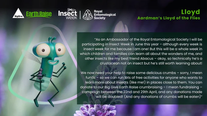 Aardman's Lloyd of the Flies promoting insect education and fundraising for Royal Entomological Society's Insect Week.