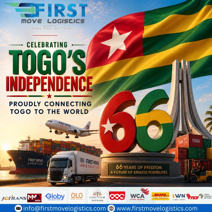 Celebrating 66 Years of Togo’s Independence 🇹🇬🌍

Today, we proudly celebrate Togo’s journey of freedom, resilience, and national progress. At First Move Logistics, we remain committed to connecting Togo to the world through trusted logistics, freight forwarding, and global trade solutions.

Together, we honor the past and move confidently toward a future of endless possibilities.

🌐 Connect with us
🌍 www.firstmovelogistics.com

📧 info@firstmovelogistics.com

🔗 Our Social Handles

First Move Logistics
Facebook : https://www.facebook.com/firstmovelogistics

Instagram : https://www.instagram.com/firstmovelogistics

LinkedIn : www.linkedin.com/company/first-move-logistics

Twitter/X : https://x.com/FirstMoveLog

YouTube : https://youtube.com/@firstmovelogisticsfml?si=P-EHSC7J_T-mqxfr

FML Trading
Facebook : https://www.facebook.com/fmltradingsa

Instagram : https://www.instagram.com/fmltradingsa?igsh=eDF3b3FmbHczYjU0

LinkedIn : www.linkedin.com/in/mrsulomaohajiudu

