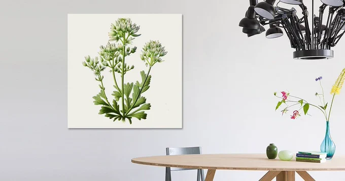 A highly detailed botanical illustration featuring a wild plant with delicate white flowers and lush green leaves, meticulously rendered to capture the beauty of nature. Set against a plain background, the focus remains entirely on the plant's organic form and subtle textures. This high-resolution artwork is perfect for nature lovers, educational prints, or elegant wall art, offering a timeless and refined aesthetic.