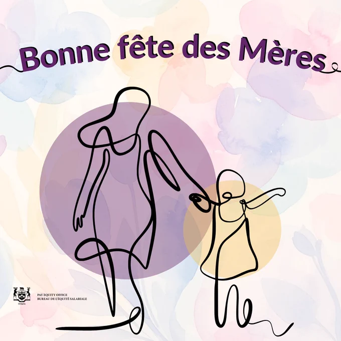 Affiche avec un fond aux tons pastel abstraits. En haut, le texte « Bonne fête des Mères » en lettres violettes. Au centre, deux silhouettes dessinées d’un seul trait, de style minimaliste, superposées à des cercles translucides. En bas à gauche, le logo de l’Ontario et la mention « Pay Equity Office / Bureau de l’équité salariale ».