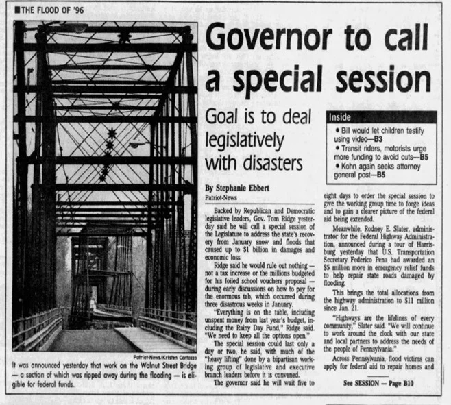 Black and white newspaper clipping. Headline: "Governor to call a special session." Goal: legislative response to disasters. Includes a photo of the damaged Walnut Street Bridge.