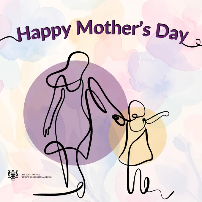 Pastel illustration reading “Happy Mother’s Day,” featuring simple line drawings of a mother and child holding hands against soft, overlapping watercolor shapes. An Ontario government logo appears in the corner.