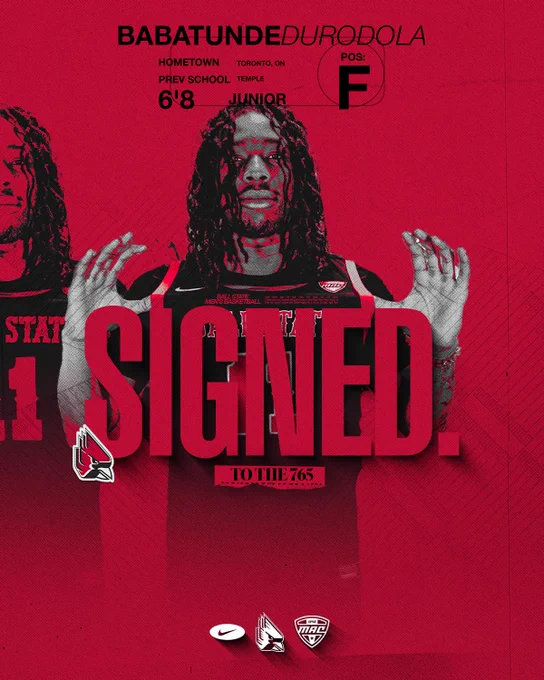 Signed graphic for Babatunde Durodola in a black Ball State men's basketball jersey
Text:
Babatunde Durodola
Hometown Toronto, ON
Prev School Temple
6'8 Junior
Pos: F
Signed.
To The 765