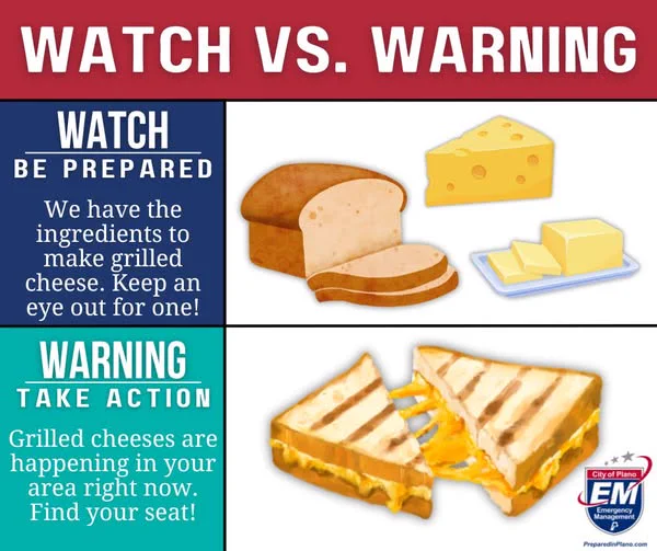 Image titled "Watch vs. Warning" compares a "Watch" and a "Warning" using grilled cheese as a metaphor. The top half labeled "Watch" shows bread, cheese, and butter, with text urging preparedness. The bottom half labeled "Warning" depicts a ready-made grilled cheese sandwich, emphasizing immediate action. The City's emergency management logo is included.