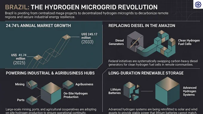 The Brazil Hydrogen based Microgrid market was valued at US$41.74 million in 2025 and is projected to reach US$245.17 million by 2033, registering an impressive CAGR of 24.74% between 2026 and 2033.