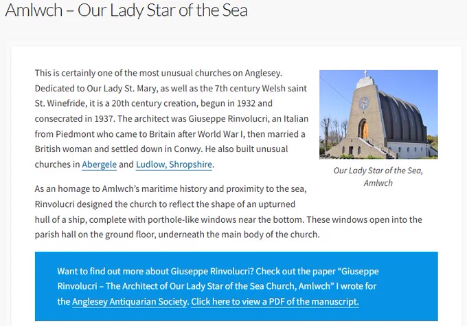 Screen shot of the Anglesey History web page about Our Lady Star of the Sea Church, Amlwch