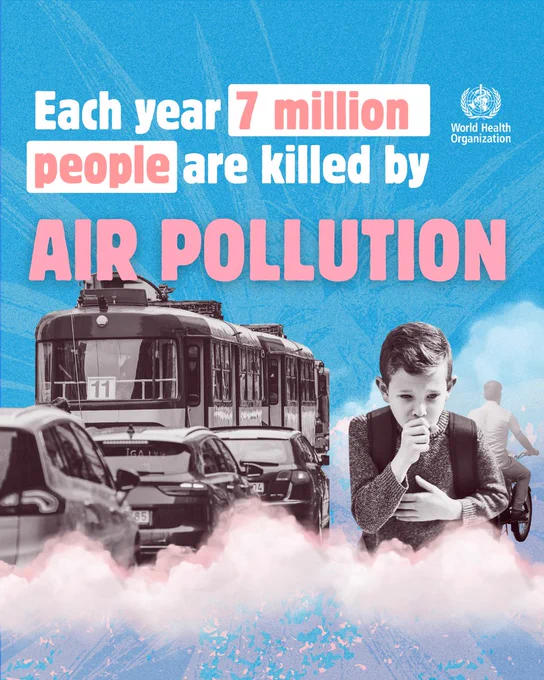 Collage of a young boy coughing, buses and cars and a person biking surrounded by clouds of smog. The text reads: Each year 7 million people are killed by air pollution