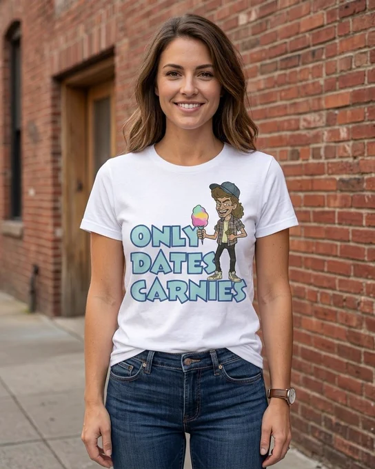 A distressed 80s-style cartoon of a male carny with a brown mullet and a blue trucker hat. He has a gold tooth and a wide grin, wearing a plaid flannel shirt over a white tee and dark jeans. He holds a stick of pastel cotton candy in one hand and a bundle of tickets in the other. Bold, light blue bubble text to the left reads "ONLY DATES CARNIES."