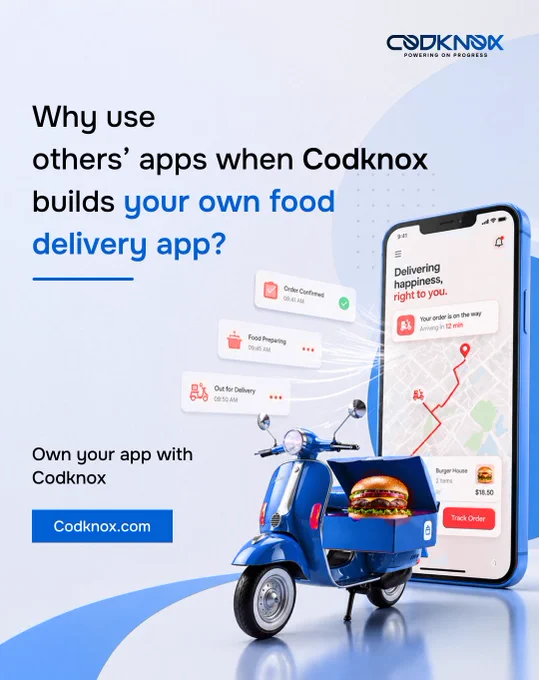 An infographic image with text "Why use others’ apps when Codknox builds your own food delivery app?"