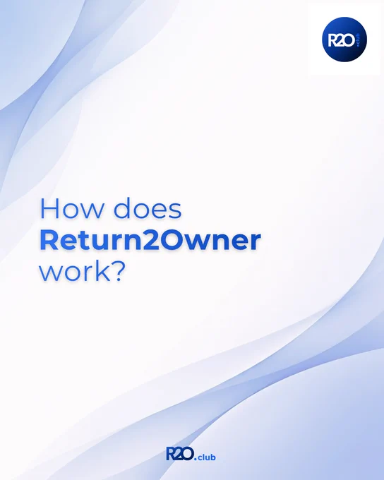 Minimal blue and white graphic with soft abstract waves, featuring the text “How does Return2Owner work?” and the R2O.club logo.