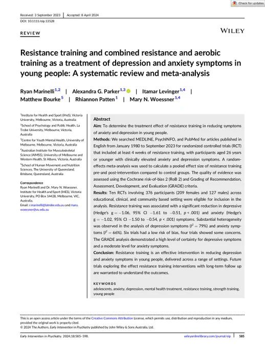 Resistance training and combined resistance and aerobic training as a treatment of depression and anxiety symptoms in young people: A systematic review and meta-analysis