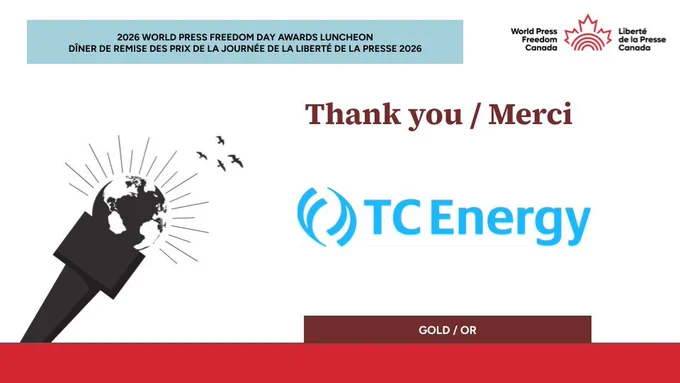 Graphic with TC Energy and World Press Freedom Canada logos, labeled Gold Sponsor, with Ottawa event date April 29, 2026.

FR
Visuel avec les logos de TC Energy et de World Press Freedom Canada, mention « commanditaire Or » et date de l’événement à Ottawa, le 29 avril 2026.