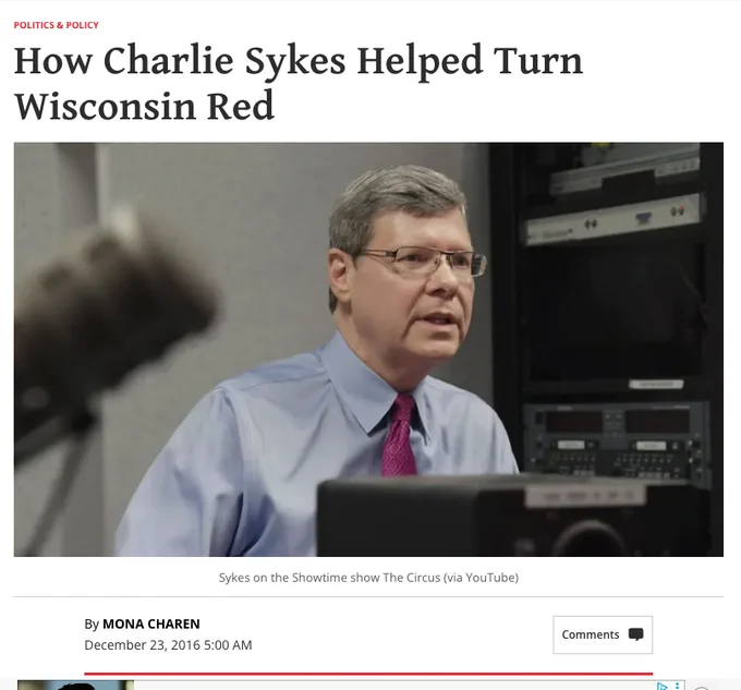 National Review headline: How Charlie Sykes Helped Turn Wisconsin Red, by Mona Charen, Dec. 23, 2016: https://www.nationalreview.com/2016/12/charlie-sykes-retires-after-promoting-conservatism-radio-tv/