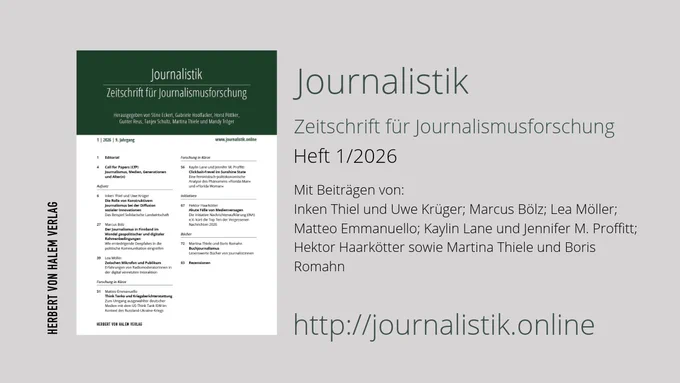 Das Titelbild der Zeitschrift "Journalistik" zeigt den Namen der Zeitschrift und den aktuellen Hefttitel.