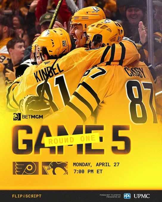 Game day graphic that shows the Penguins play the Flyers in Round 1 Game 5 on April 27 at 7 PM.
