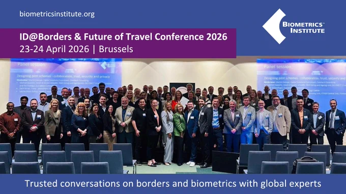 A group of professional attendees posing for a photo at the Biometrics Institute’s ID@Borders & Future of Travel Conference 2026 in Brussels.