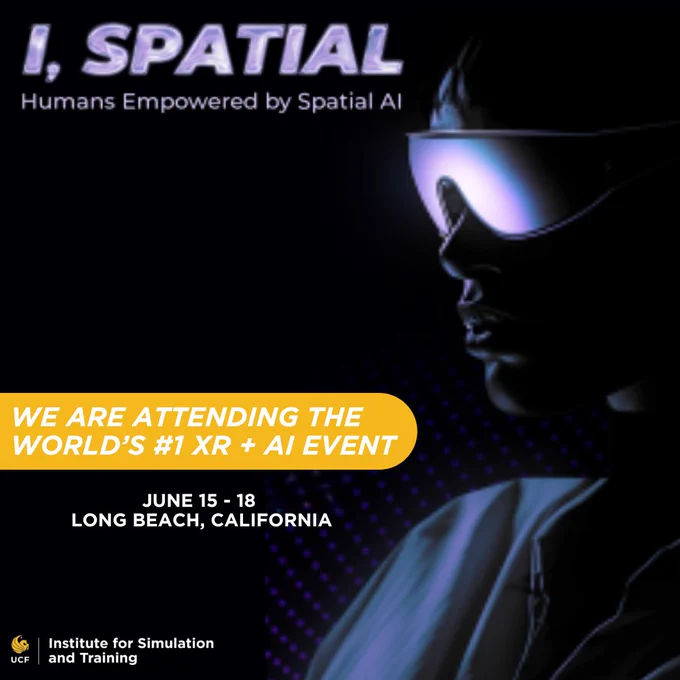 Image description: Graphic promoting UCF’s Institute for Simulation and Training participation in the Augmented World Expo (AWE), taking place June 15–18 in Long Beach, CA. The graphic highlights the demonstration “Be There Without Being There: Humanoid Robot Immersive Telepresence,” showcasing CAVE and robotic systems that explore immersive presence, perception, and human-machine interaction. Includes event website https://www.awexr.com/
