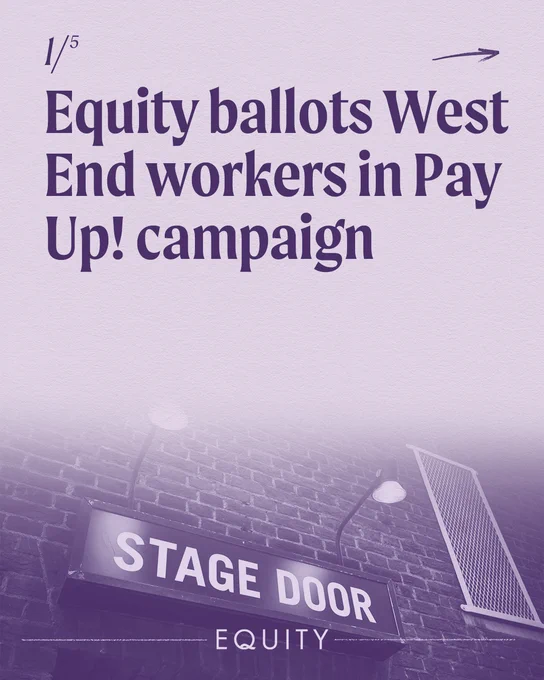 Sign reading 'STAGE DOOR' on a brick wall under two lights, with text which reads: 'Equity ballots for West End workers' Pay Up! campaign above.